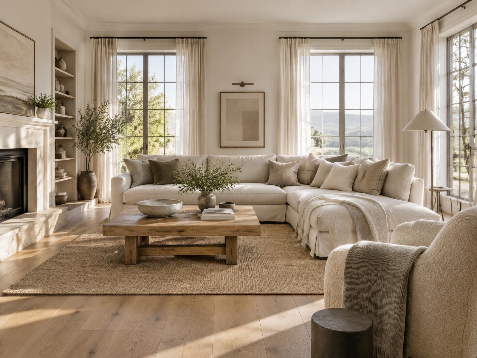Bright neutral living room with linen sofa and oak floors